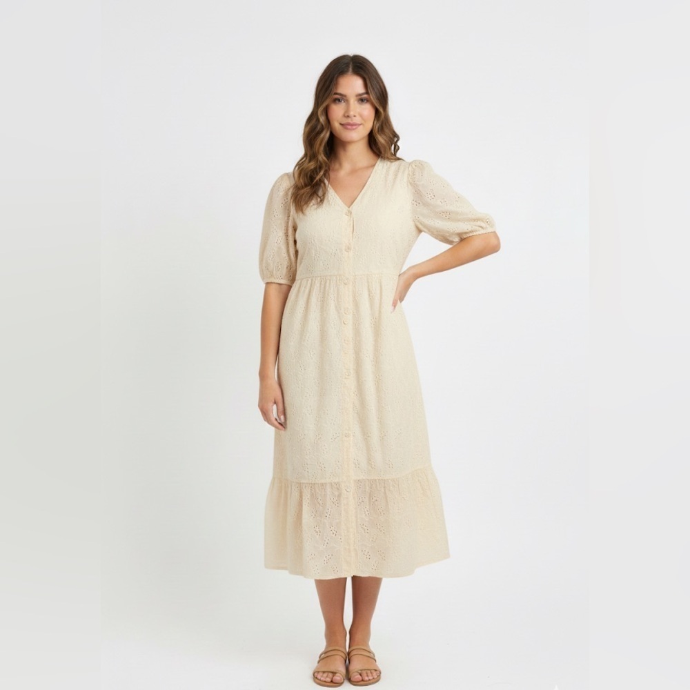 NWT Roolee Off-White Eyelet Midi Dress Size L